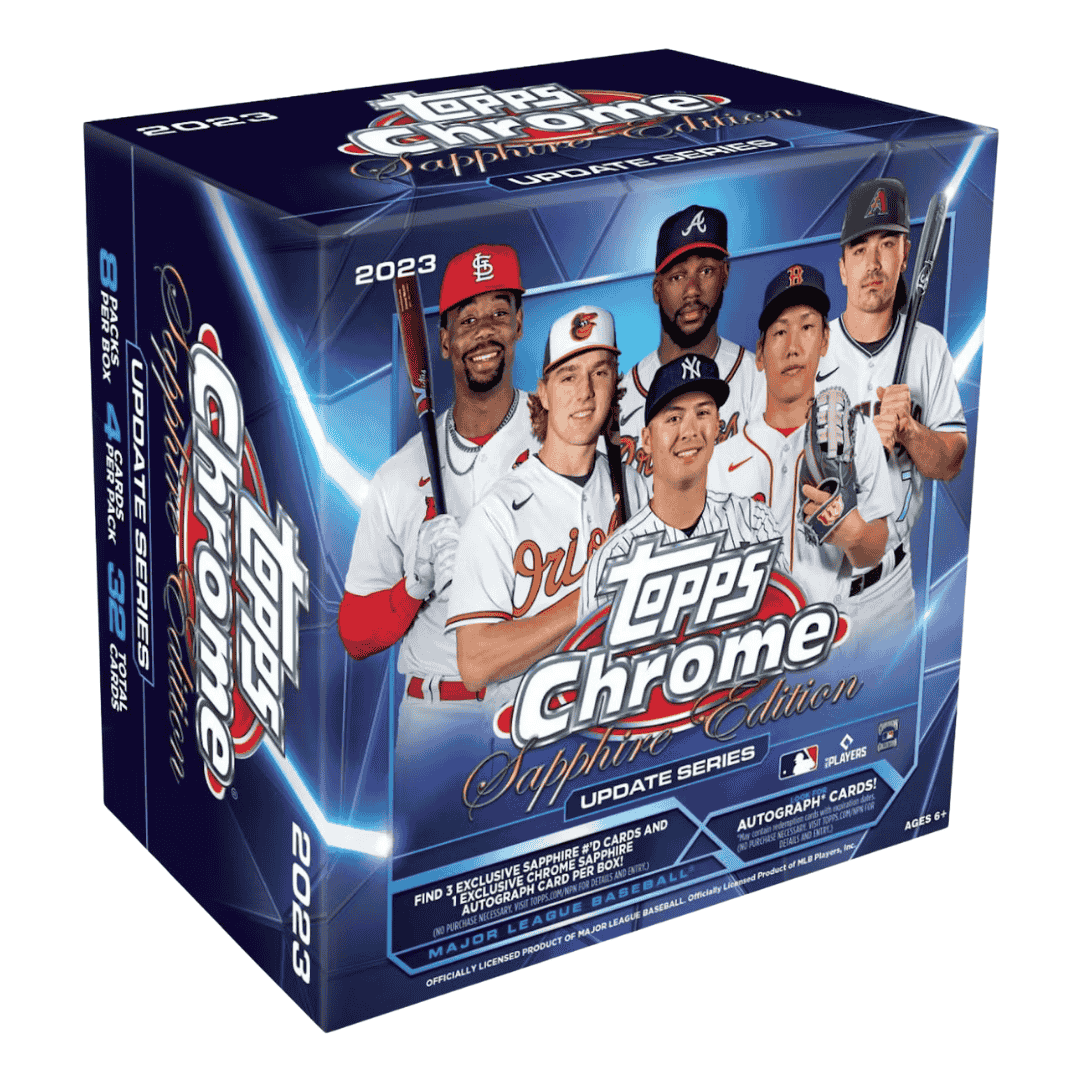 A 2023 Topps Chrome Update Baseball Sapphire Edition hobby box featuring six MLB players.