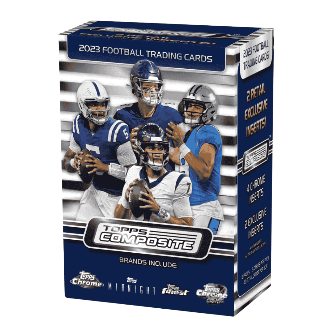 A 2023 Topps Composite Football blaster box featuring four football players on the front.