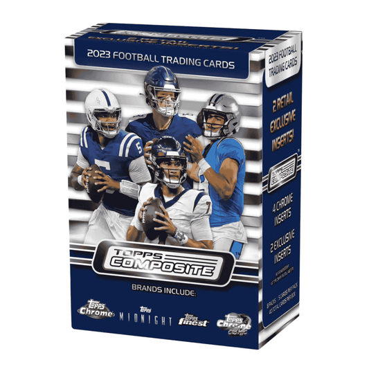 A 2023 Topps Composite Football blaster box featuring four football players on the front.