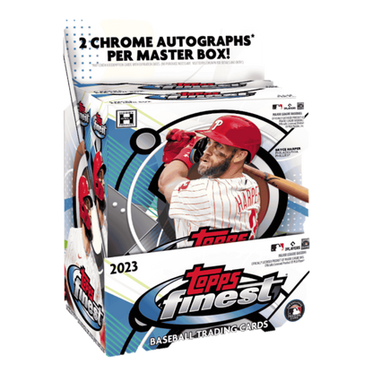 A 2023 Topps Finest Baseball hobby box featuring Bryce Harper on the packaging.