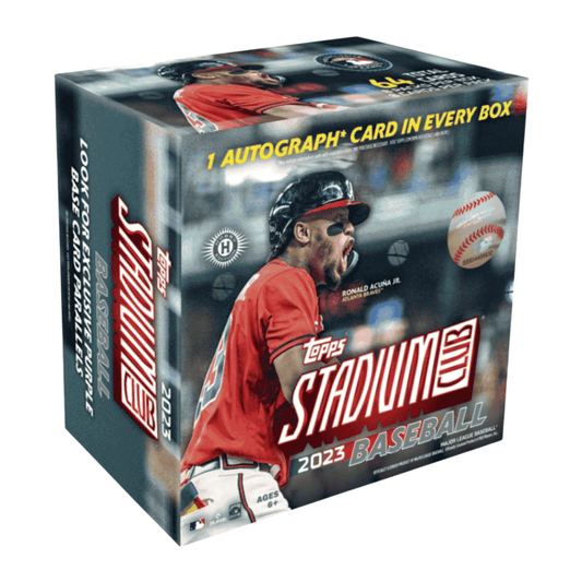 A 2023 Topps Stadium Club Baseball hobby compact box featuring Ronald Acuna Jr. on the cover.