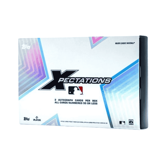 A 2023 Topps Xpectations Baseball hobby box featuring a white design with blue and pink accents.