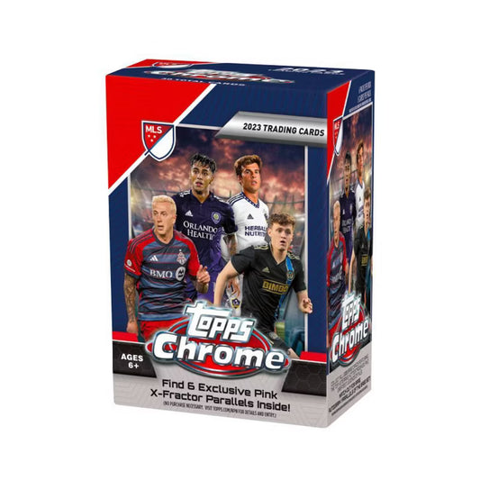 A 2023 Topps Chrome MLS soccer trading card blaster box featuring player imagery.
