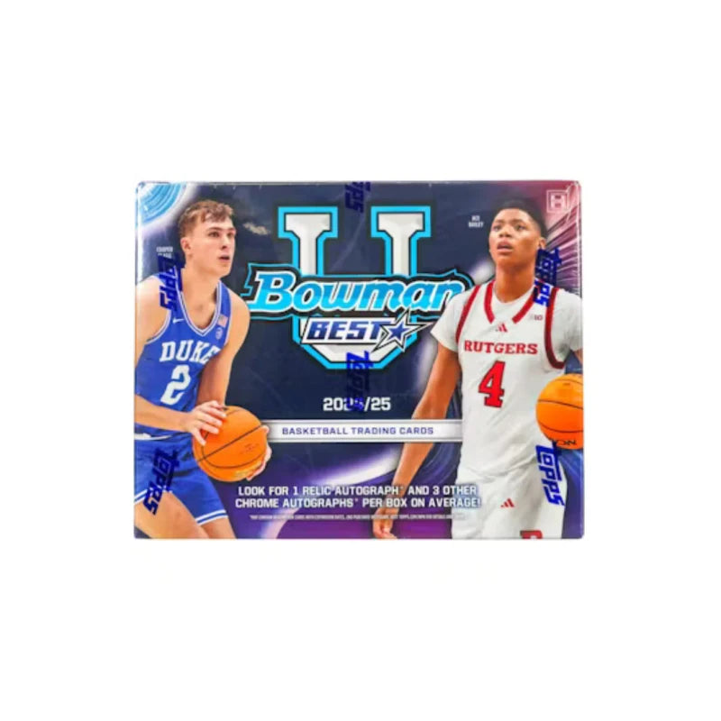 A 2024-25 Bowman University Best basketball hobby box featuring collegiate players on the cover.