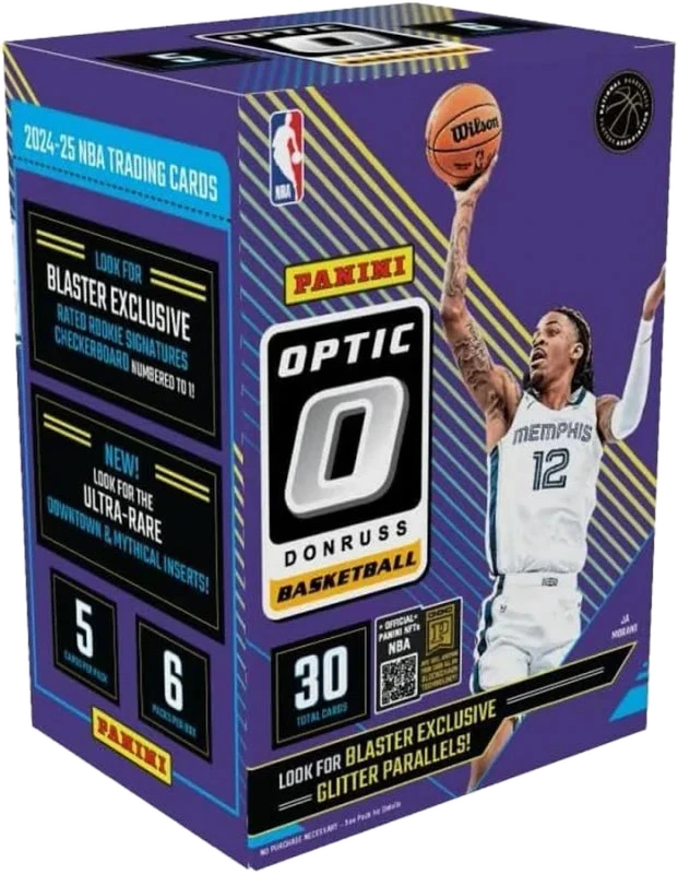 A 2024-25 Panini Donruss Optic basketball trading card blaster box featuring Ja Morant.