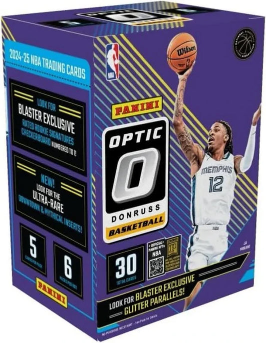 A 2024-25 Panini Donruss Optic basketball trading card blaster box featuring Ja Morant.