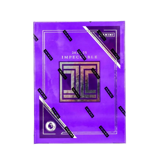 A purple 2024-25 Panini Impeccable Premier League soccer hobby box with gold branding.