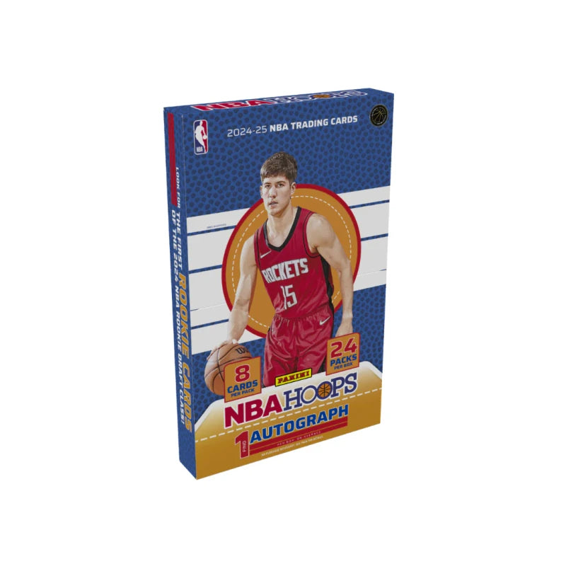 A 2024-25 Panini NBA Hoops basketball hobby box featuring a Houston Rockets player on the front.