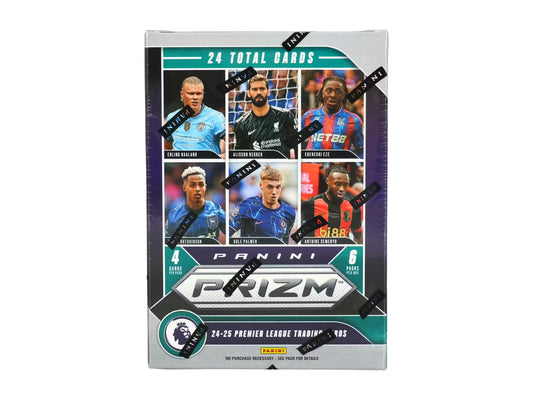 A 2024-25 Panini Prizm Premier League soccer blaster box containing 24 trading cards.
