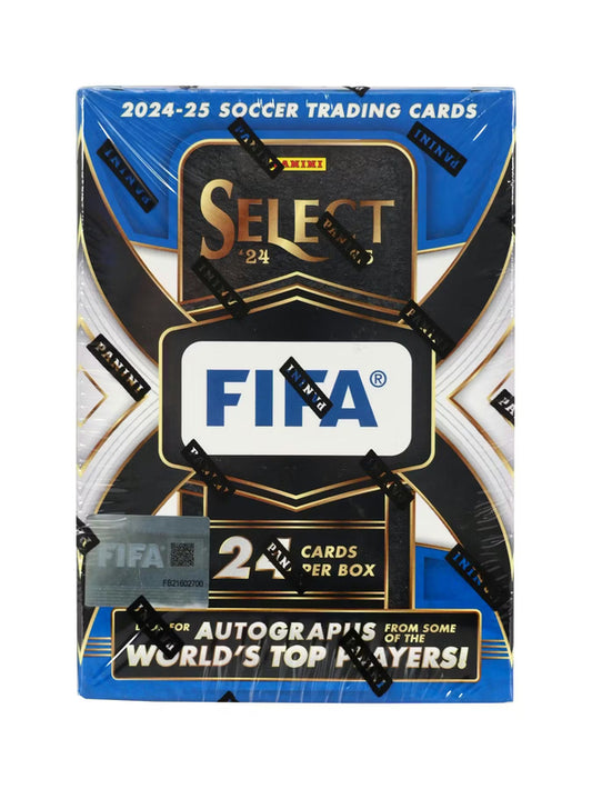 A sealed 2024-25 Panini Select FIFA soccer trading card blaster box.