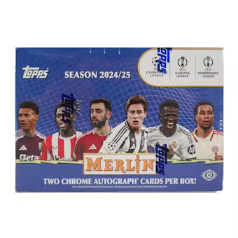 A 2024-25 Topps Chrome Merlin UEFA soccer trading card box featuring various player portraits.