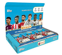 A 2024-25 Topps Chrome Merlin UEFA soccer hobby box featuring player imagery on the packaging.