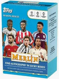 A 2024-25 Topps Chrome Merlin UEFA soccer trading card value box featuring various players.