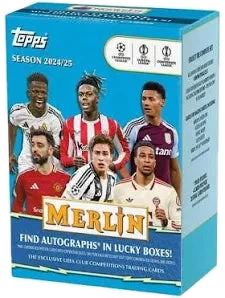 A 2024-25 Topps Chrome Merlin UEFA soccer trading card value box featuring various players.