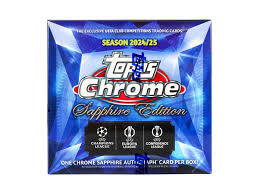 A 2024-25 Topps Chrome UEFA Club Competitions Sapphire Edition trading card box.