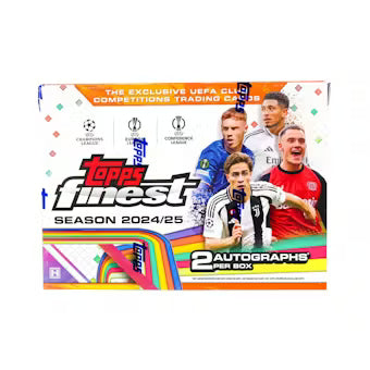 A 2024-25 Topps Finest UEFA Club Competitions soccer hobby box featuring player imagery.
