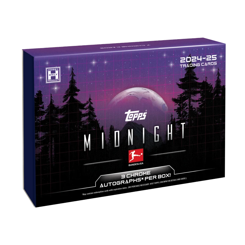 A 2024-25 Topps Midnight Bundesliga soccer hobby box with a dark, starry forest design.