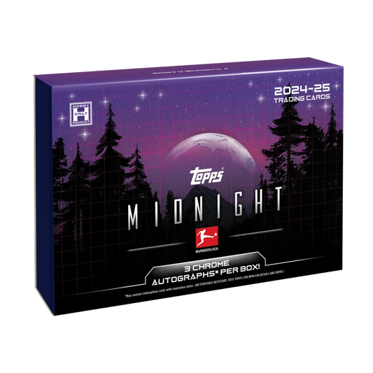 A 2024-25 Topps Midnight Bundesliga soccer hobby box with a dark, starry forest design.