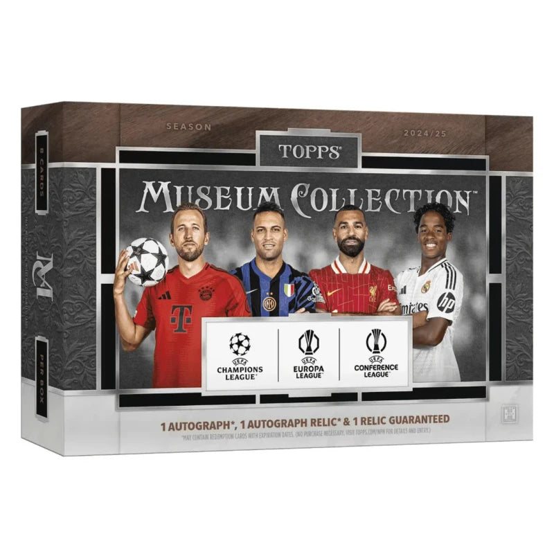 A 2024-25 Topps Museum Collection soccer hobby box featuring four players on the packaging.