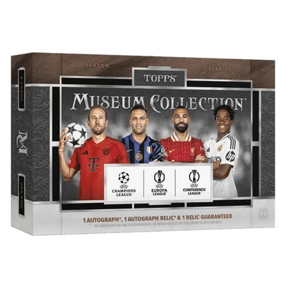 A 2024-25 Topps Museum Collection soccer hobby box featuring four players on the packaging.