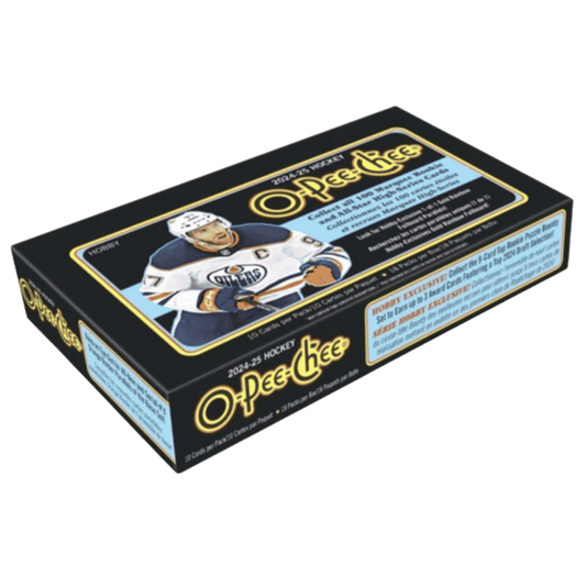 A 2024-25 Upper Deck O-Pee-Chee hockey hobby box featuring Connor McDavid on the packaging.