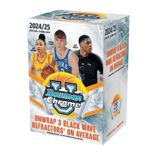 A 2024-25 Bowman Chrome University Basketball blaster box featuring collegiate athletes.