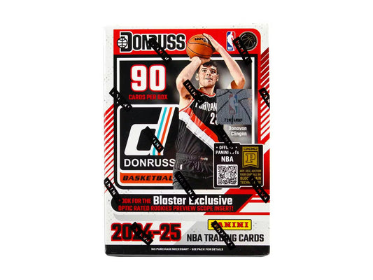 A 2024-25 Panini Donruss Basketball blaster box featuring Donovan Clingan on the packaging.