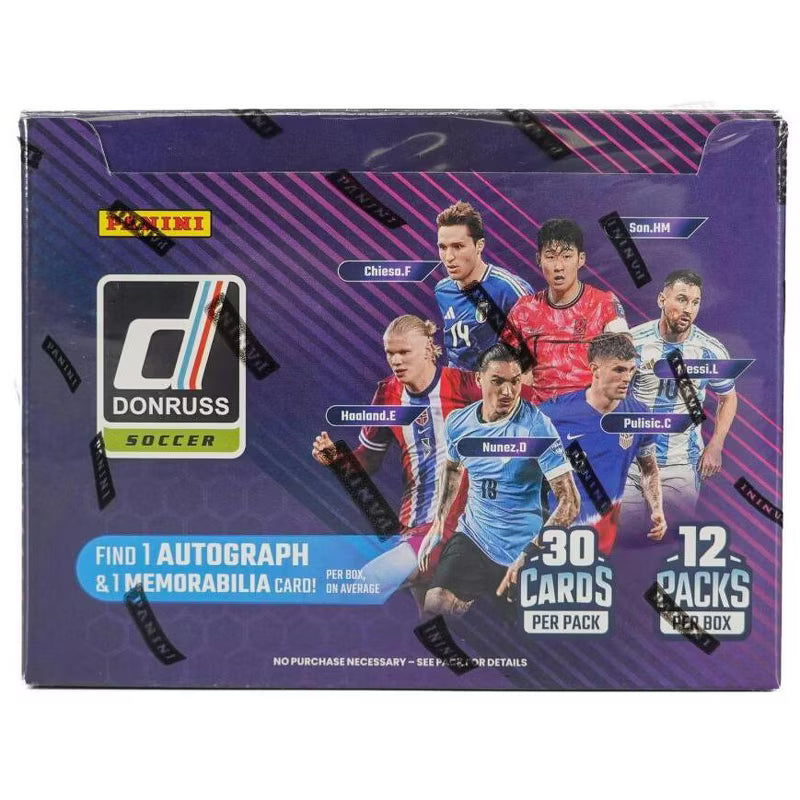 A 2024-25 Panini Donruss Soccer hobby box featuring various professional soccer players.