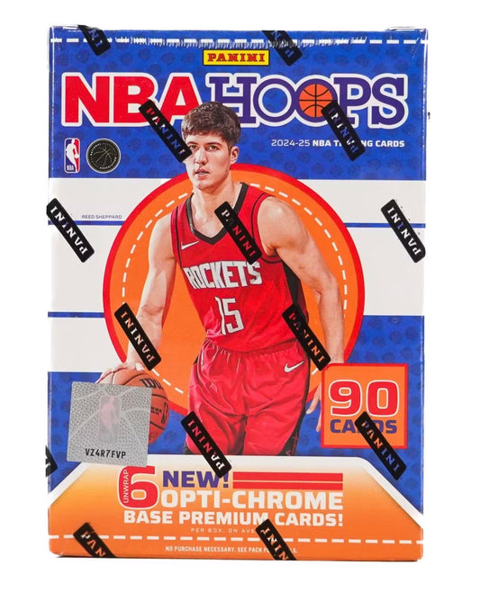 A 2024-25 Panini NBA Hoops basketball blaster box featuring Reed Sheppard on the packaging.