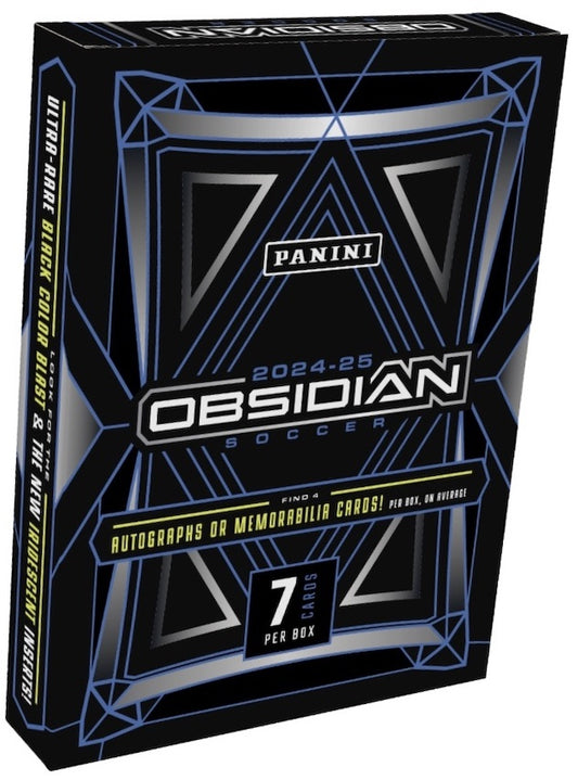 A 2024-25 Panini Obsidian Soccer hobby box featuring a black and blue geometric design.