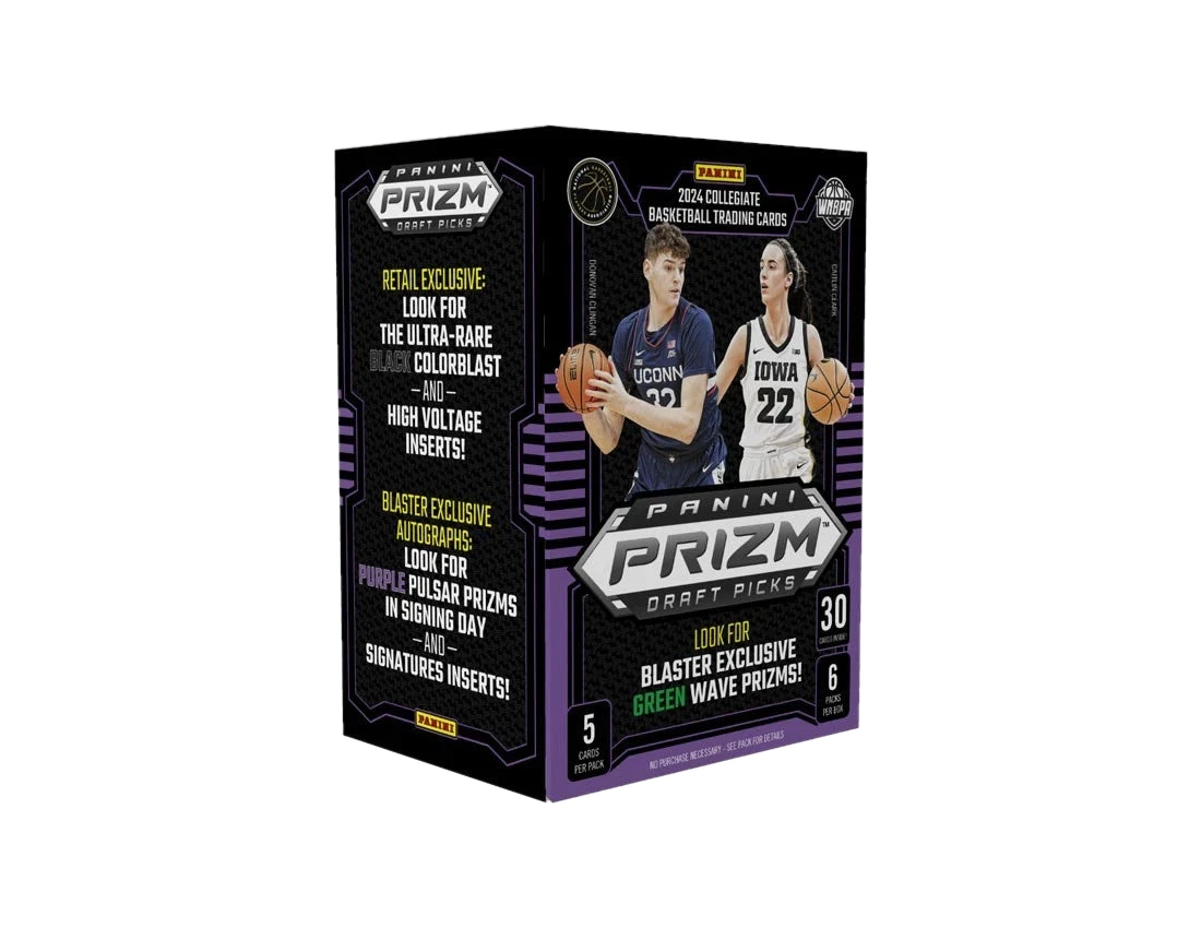 A 2024-25 Panini Prizm Draft Picks collegiate basketball blaster box featuring Donovan Clingan.