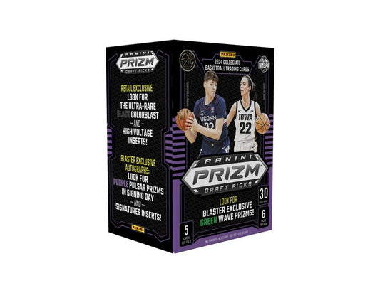 A 2024-25 Panini Prizm Draft Picks collegiate basketball blaster box featuring Donovan Clingan.