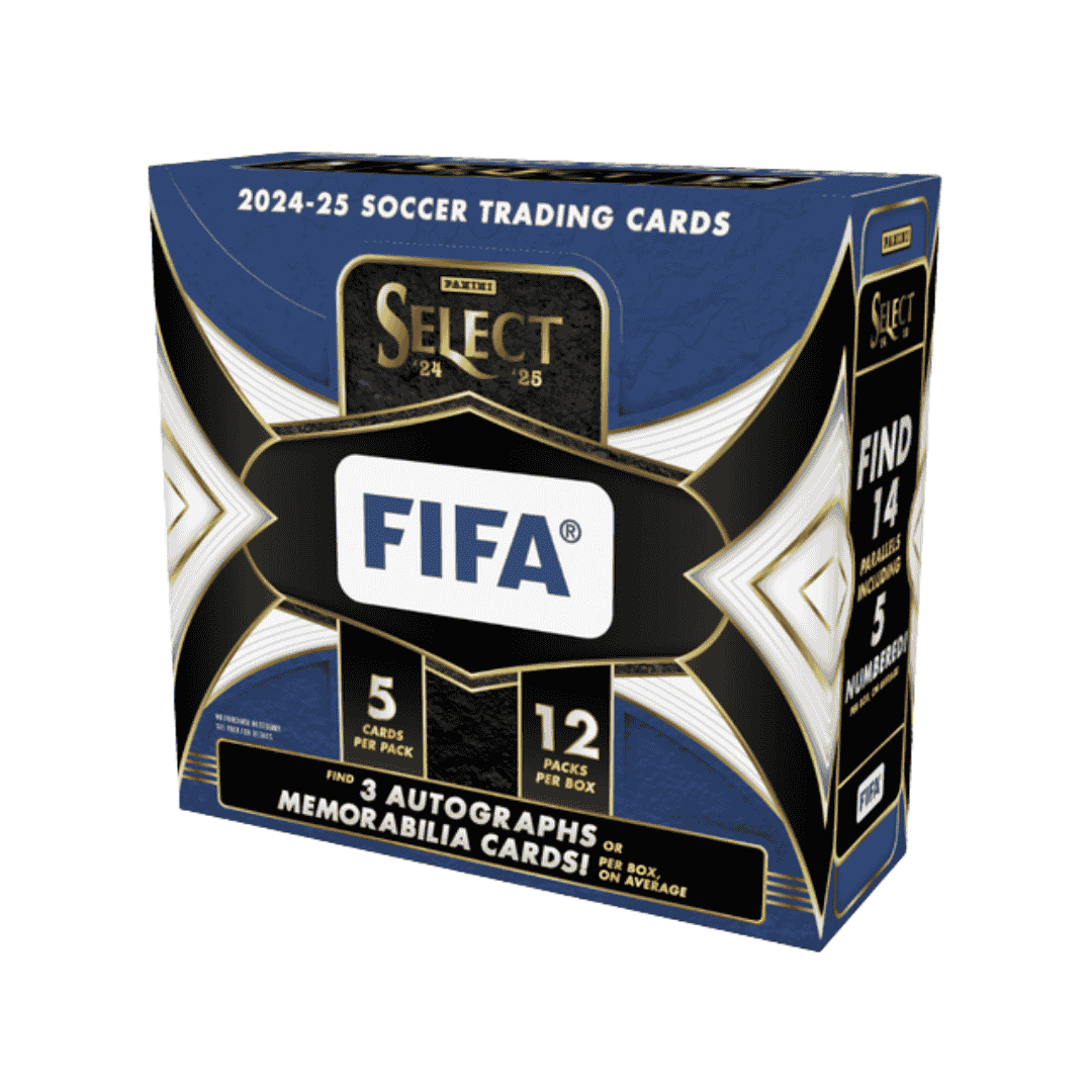 A 2024-25 Panini Select FIFA soccer hobby box featuring blue, black, and gold branding.