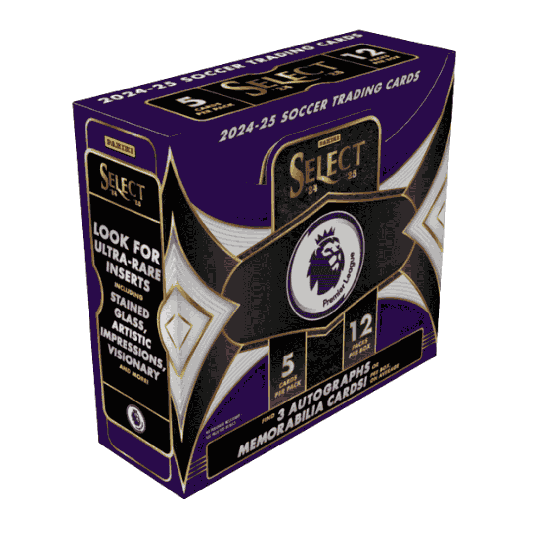 A 2024-25 Panini Select Premier League soccer hobby box featuring purple and gold branding.