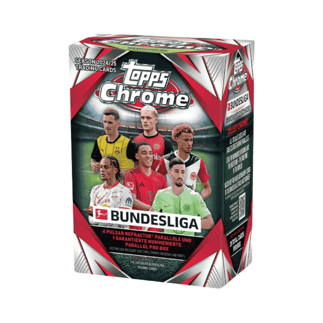 A 2024-25 Topps Chrome Bundesliga soccer blaster box featuring images of professional players.