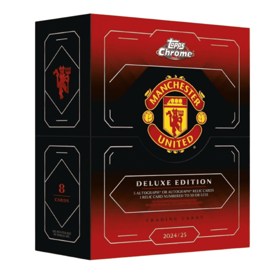 A 2024-25 Topps Chrome Manchester United Deluxe Edition trading card box.