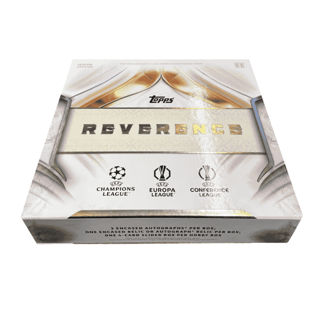 A white 2024-25 Topps UEFA Club Competitions Reverence soccer hobby box.