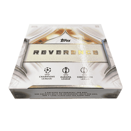 A white 2024-25 Topps UEFA Club Competitions Reverence soccer hobby box.