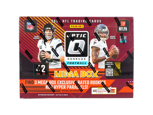 A 2024 Panini Donruss Optic Football mega box featuring Trevor Lawrence and Michael Penix Jr.