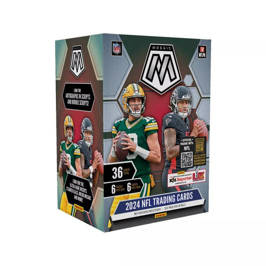 A 2024 Panini Mosaic NFL football trading card blaster box featuring Jordan Love and Bijan Robinson.