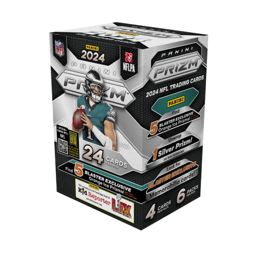 A 2024 Panini Prizm Football blaster box featuring an image of an athlete on the packaging.