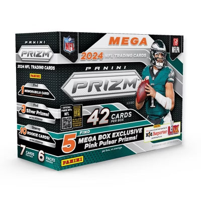 A 2024 Panini Prizm Football Mega Box featuring Jalen Hurts on the packaging.