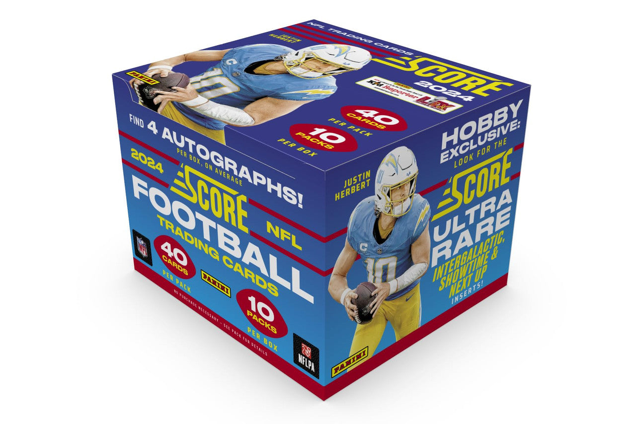 A 2024 Panini Score Football hobby box featuring Justin Herbert on the packaging.