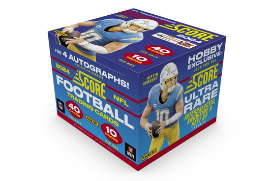 A 2024 Panini Score Football hobby box featuring Justin Herbert on the packaging.
