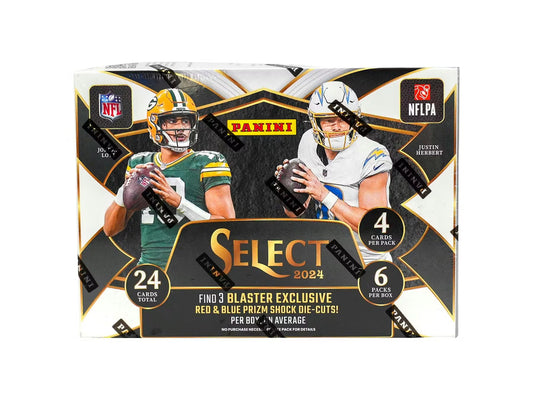 A 2024 Panini Select Football blaster box featuring Jordan Love and Justin Herbert on the cover.