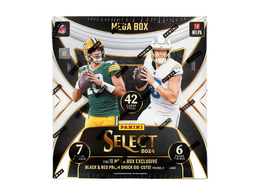 A 2024 Panini Select Football Mega Box featuring Jordan Love and Justin Herbert on the cover.