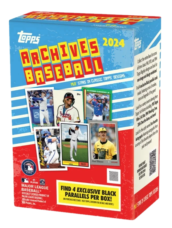 A 2024 Topps Archives Baseball value box featuring classic card designs and modern players.