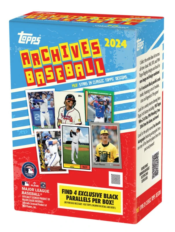 A 2024 Topps Archives Baseball value box featuring classic card designs and modern players.