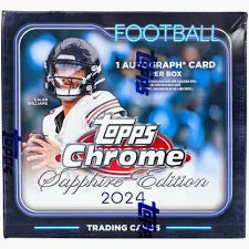 A 2024 Topps Chrome Football Sapphire Edition trading card box featuring Caleb Williams.
