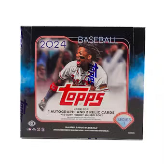 A 2024 Topps Series 1 Baseball hobby jumbo box featuring Ronald Acuna Jr. on the cover.